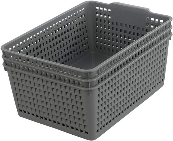 Gloreen 3 Pack Large Plastic Storage Baskets, Multipurpose Organizer Baskets in Grey