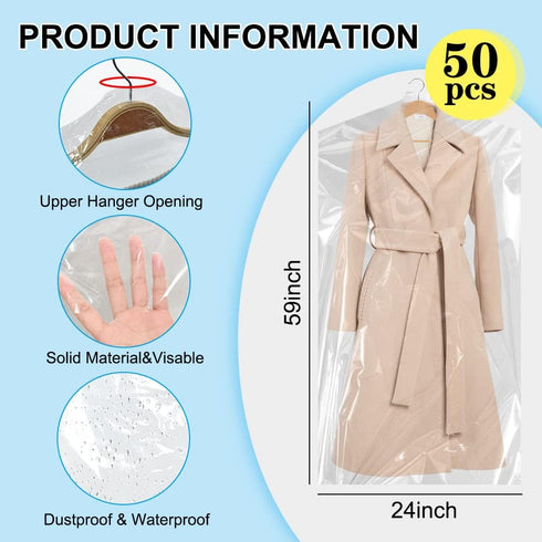 BEISHIDA 50pcs 60 Inch Plastic Garment Bag Dry Cleaner Bags Clear Plastic bag Dry Cleaning Laundry Bags for Clothes Cover Hanging Clothes Clothes Storage for Long Dresses Skirt Coat Suit Shirt Jacket by BEISHIDA