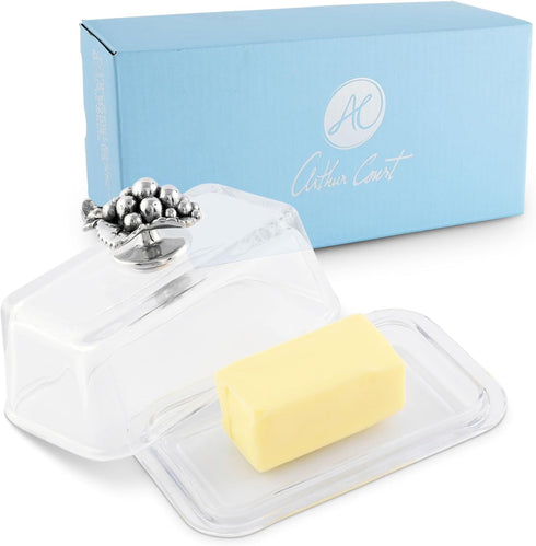 Arthur Court Glass Butter Dish with Lid Metal Grape Knob | Classic
