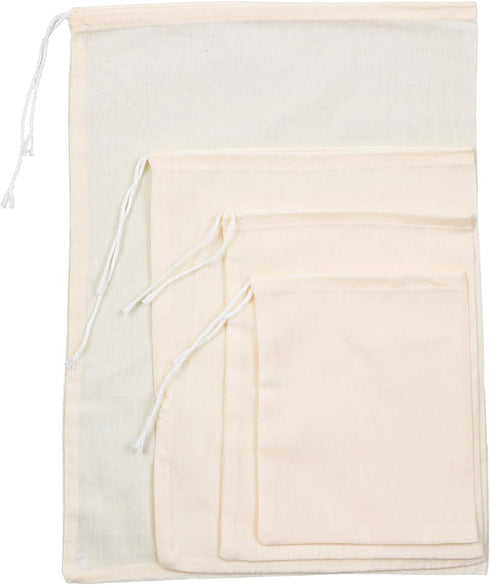 Carrollar 4Pack Bags,4 making(5x6.3"/6x8"/8x10"/10x14") Nut Milk Sizes Unbleached Cotton Cheesecloth Bags,Food Strainer