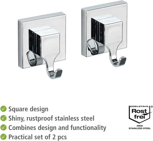Wenko "Quadro Wall Hooks with Vacuum-Loc - Silver, 2-Piece