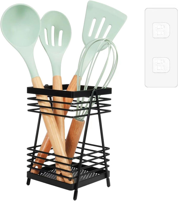 Kitchen Utensil Holder for Countertop, Wall Mounted Heavy-Duty Metal Organizer, Matte Black Design for Cooking Utensils