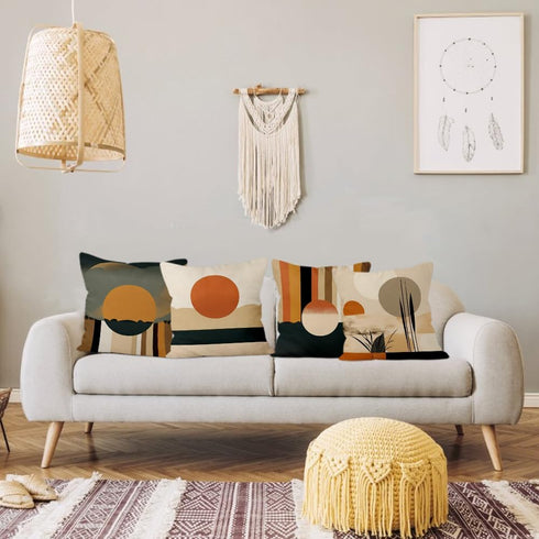 Boho Pillow Covers 18x18 Inch, Mid Century Abstract Sun Throw Pillow Covers, Terracotta and Yellow Linen, Set of 4