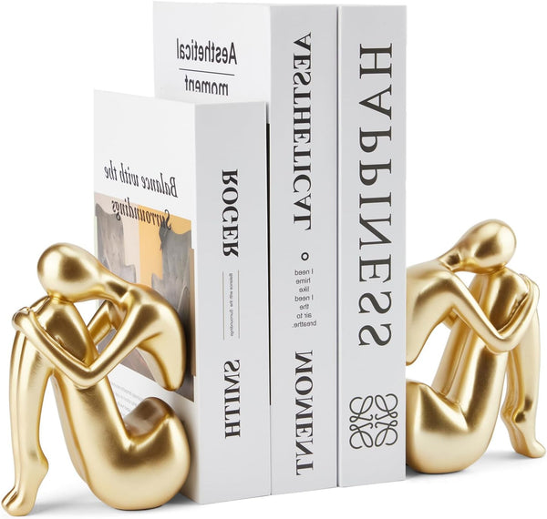 Gold Bookends Book Ends, Unique Decorative Girl Thinker Design,Non-Slip Home Office Bookshelf