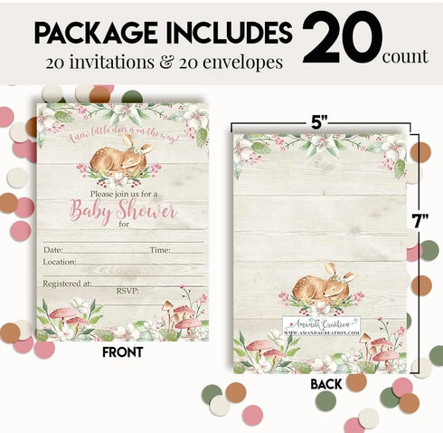 Little Deer Woodland Watercolor Floral Baby Shower Invitations for Girls, 20 Fill In Cards with Envelopes