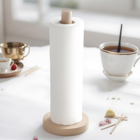 Wooden Paper Towel Holder Countertop - Solid Beechwood Dispenser Stand with Anti-Skid Base