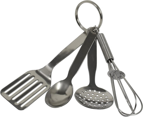 R&M International Mini 3.5" Kitchen Tool Set with Keychain, Includes Whisk, Spatula, Spoon, Skimmer, Silver