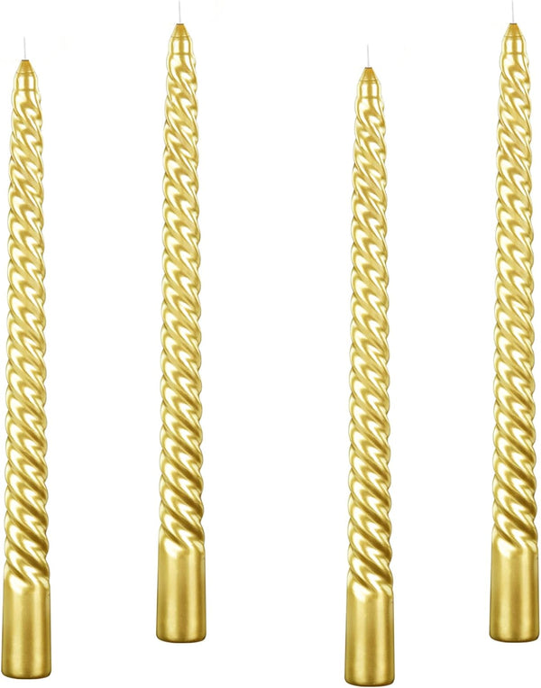Kemladio 4 pcs 10 inch Taper Candles, Burning Unscented Tapered 7.5 hrs, Fancy Dinner Decorations (Gold)