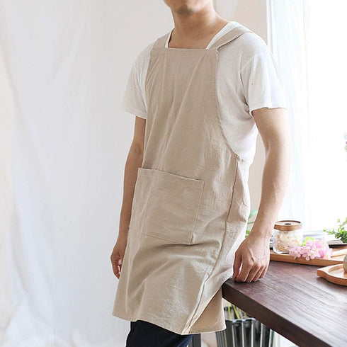 NEWGEM Japanese Linen Cross Back Kitchen Cooking Aprons for Men, with Pockets for Baking, Gardening, Khaki