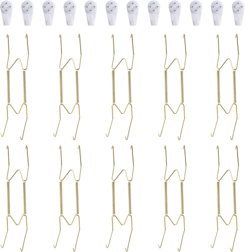 10 Piece Plate Hangers, 10 Inch Invisible Brass Wall Plate Hangers with 12 Piece Wall Hooks