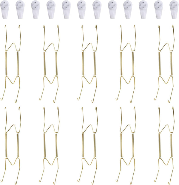10 Piece Plate Hangers, 10 Inch Invisible Brass Wall Plate Hangers with 12 Piece Wall Hooks