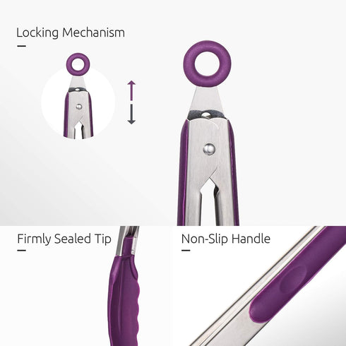 U-Taste Kitchen Tongs, 7/9/12 inches Cooking Tongs with High Heat-Resistant Non-Stick Tips, Pack of 3 (Purple)