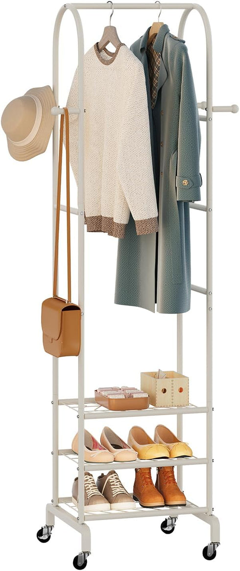 Furshus Garment Rack with Wheels,Small Metal Coat Rack With 4 Hooks,Freestanding Heavy Duty