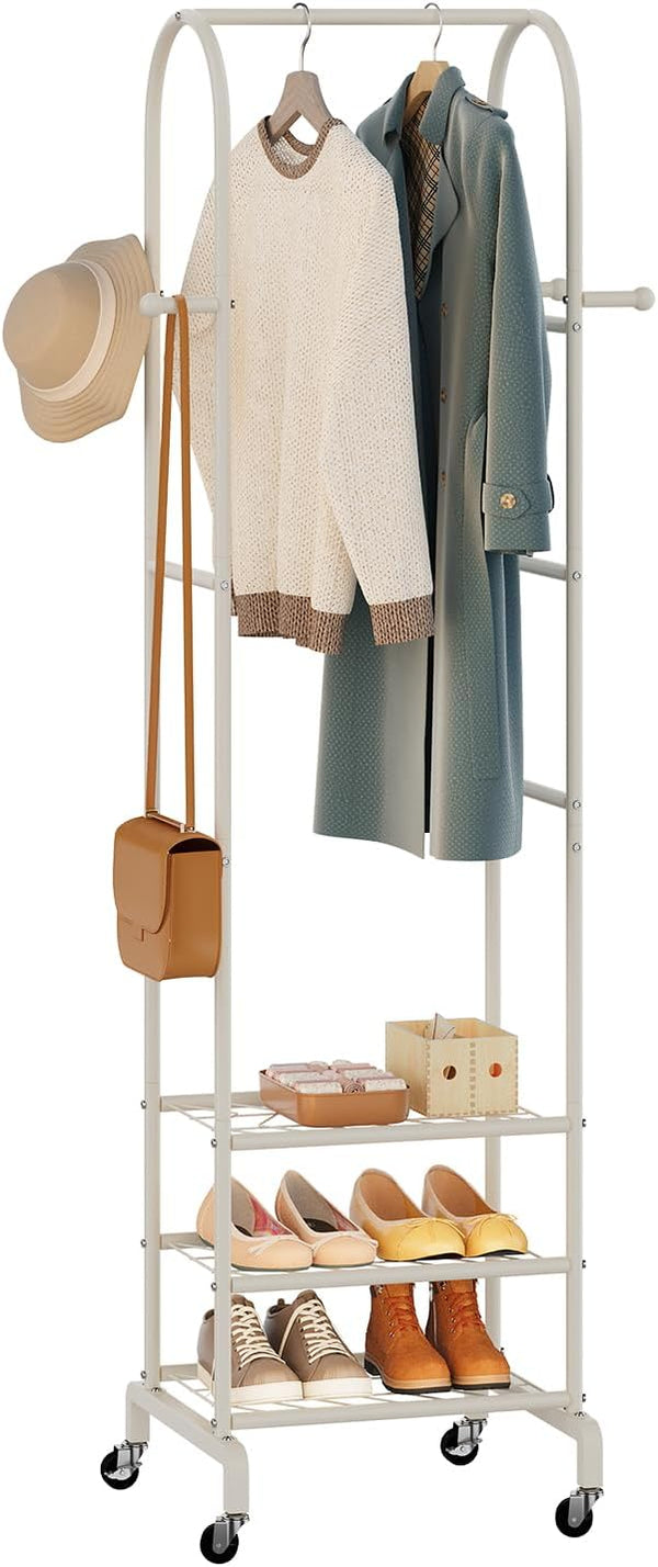 Furshus Garment Rack with Wheels,Small Metal Coat Rack With 4 Hooks,Freestanding Heavy Duty