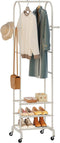 Furshus Garment Rack with Wheels,Small Metal Coat Rack With 4 Hooks,Freestanding Heavy Duty