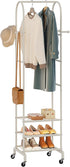 Furshus Garment Rack with Wheels,Small Metal Coat Rack With 4 Hooks,Freestanding Heavy Duty