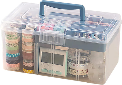 Clear Plastic Arts & Craft Supplies Organizer Box, Large with Removable Tray & Handle, Office Storage (Clear & Ocean