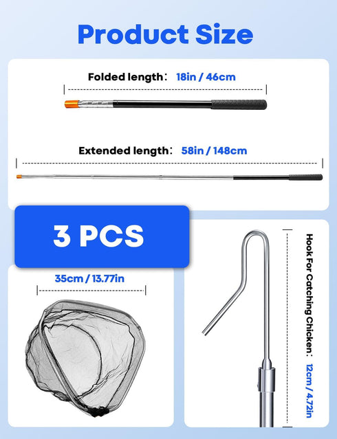 SHANWORN 16" 58.5" Retractable Poultry Chicken Catcher Net - Heavy-Duty Stainless Steel Extendable to Triangle Chicken