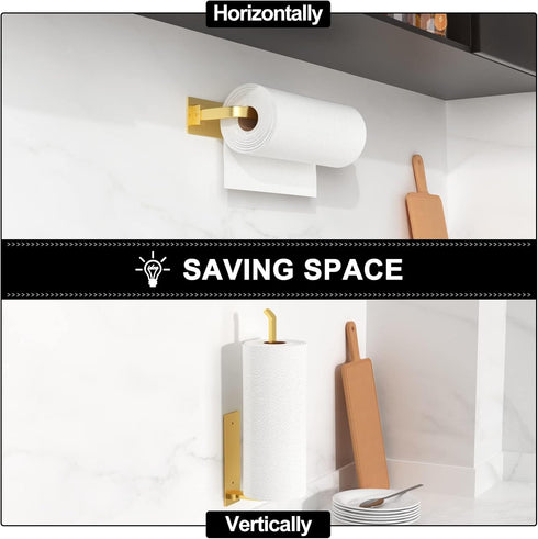 Paper Towel Holder - Self-Adhesive or Drilling, Gold, Upgraded Aluminum Kitchen Roll Dispenser Under Cabinet, Lighter