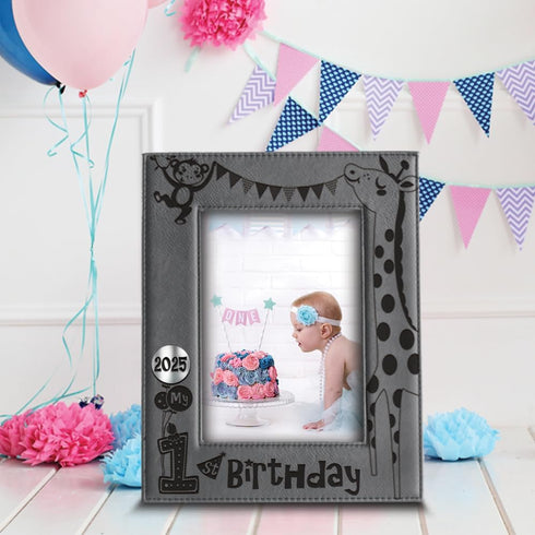 BELLA BUSTA My First Birthday Picture Frame, Engraved Leather Frame for Baby's First Birthday (5 x 7 Vertical)