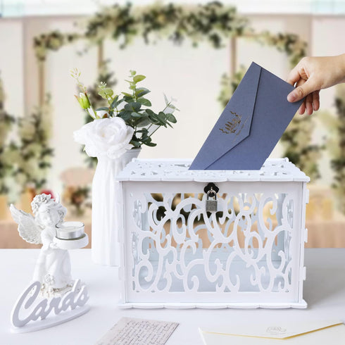 OurWarm PVC Hollow Wedding Envelope Box with Lock and Card Sign, Secure Money Box for Wedding Reception, Birthday, Baby