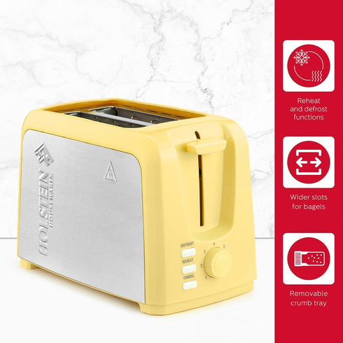 Holstein Housewares 2-Slice Toaster, Yellow/Stainless Steel with 7 Browning Control Settings for Bagels