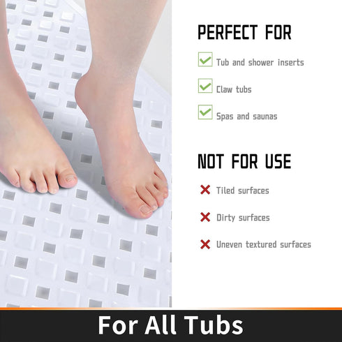 Yimobra Non Slip Bath Mat, 34.5"x15.5" Long Tub Mat with Suction Cups, Machine Washable, White