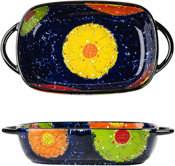 Vintage Style Pottery Bakeware, Colorful Daisy Pattern Ceramic Casserole Dish, Baking Pan with Handles - 1 PCS, 22 OZ