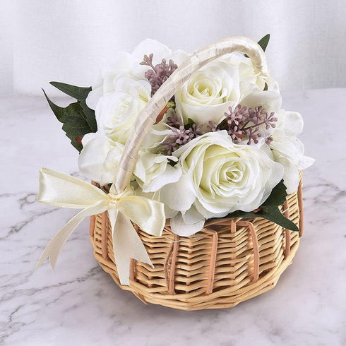 Wicker Rattan Flower Basket, Hand Woven Wedding Flower Girl Basket Decoration, Candy Storage Home Decoration (S, pink)