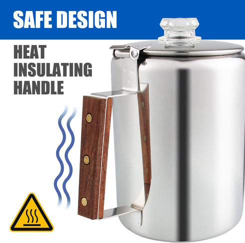 Camping Coffee Pot 9 Cups, Stainless Steel Coffee Percolator with Clear Top Glass Knob for Stovetop or Campfire Brewing