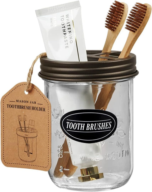 Mason Jar Toothbrush Holder with 16 Ounce Jar, Premium Rustproof 304 Stainless Steel Lid, Chalkboard Labels - Bronze