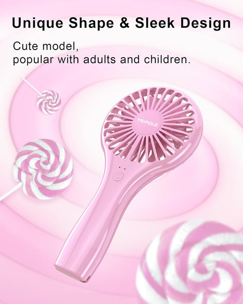 TriPole Mini Handheld Fan, Battery Operated, Portable, Speed Adjustable, USB Rechargeable, Pink for Kids, Women, Men,