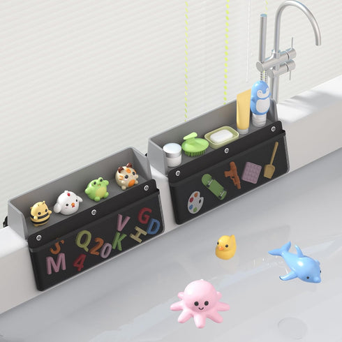 2-Pack 10 Silicone Bathtub Splash Guard with Suction Cups & Hanging Mesh Shower Caddy, Tub Topper Splash Guard for Kids
