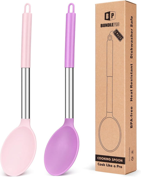 Pack of 2 Large Silicone Cooking Spoons, Non Stick Solid Basting Utensils for Mixing and Serving (Pink-Purple)