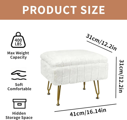 ACEQLYT Small Foot Stool, Small Ottoman with Storage, White Furry Footstool with Soft Padded Seat & Gold Metal Leg