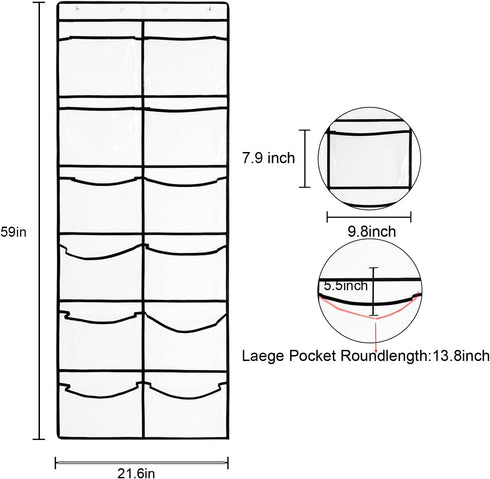 1 Pack 12Pockets Closet 4Hooks, (59'' 21.6'') Clear Crystal Large Hanging Shoe Organizer Over The Door Shoe Rack