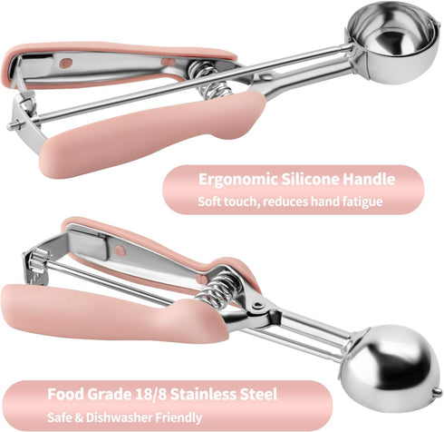 JETONN Set 2, 18/8 Set Cookie Scoops for Baking of Pink Handle Stainless Steel Ice Cream Scoop with Ergonomic Soft