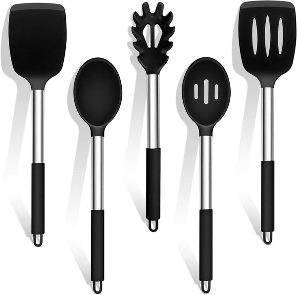 TeamFar 5 PCS Cooking Utensils Set, Silicone Kitchen Tools with Stainless Steel Handle for Nonstick Cookware