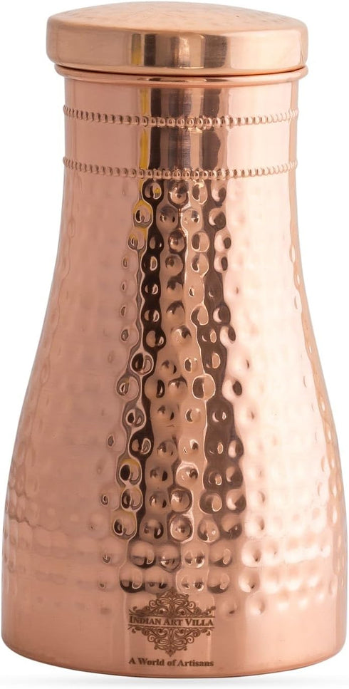 Indian Art Villa Pure Copper Bedroom Water Bottle with Inbuilt Glass & Hammered Shine Design, 32 Oz