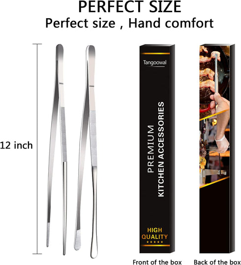 2 Pcs Extra-Long 12-Inch Fine Tweezer Tongs, Stainless Steel