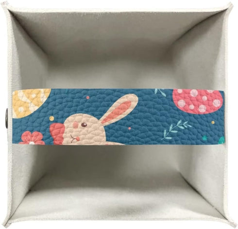 Biyejit Cute Easter Rabbit Eggs Tissue Box Cover, Square PU Leather Holder with Bottom Strap for Bathroom, Vanity, Desk