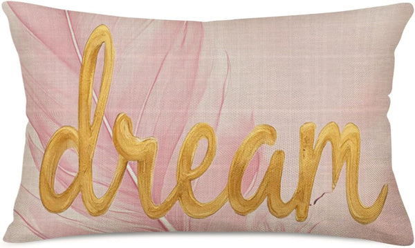 Fukeen Inspirational Words Dream Throw Pillow Cases, Pink Watercolor Paint with Golden Letters, Cotton Linen