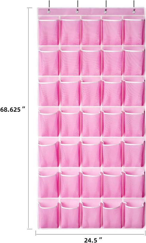 35 35 4 (Pink-1Pack) SAVERHO Pockets Over the Door Shoe Organizer, Hanging Shoe Organizer for Door with Mesh Pockets