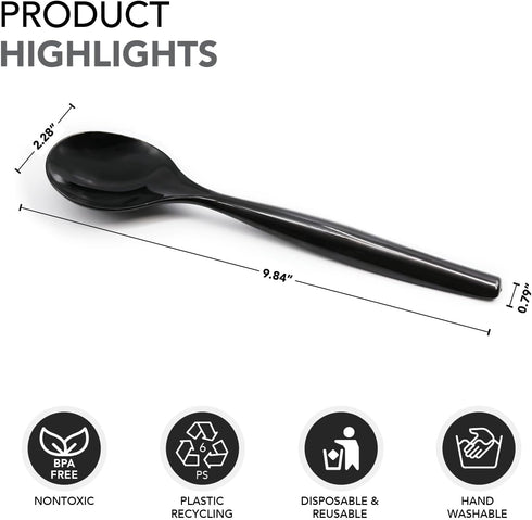 Party Essentials Disposable Heavy Duty Plastic Serving Utensils, 6-Sets of Spoons, Forks, Tongs, Black