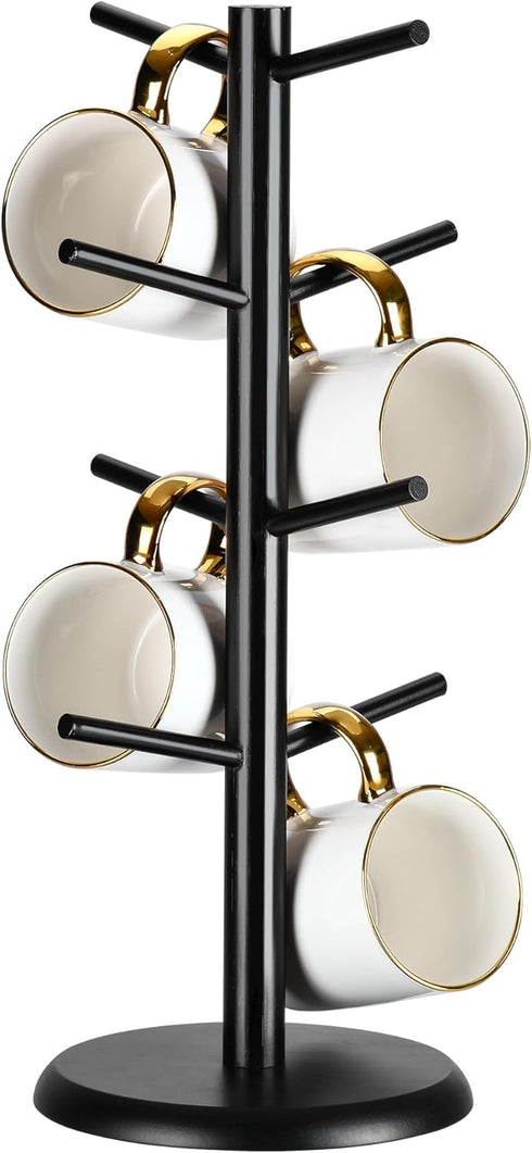 Lorbro Coffee Mug Tree with 8 Hooks, Bamboo Countertop Mug Stand, Kitchen Organizer Storage Stand (Black)