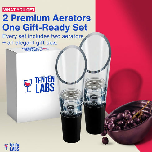 TenTen Labs Wine Aerator Pourer, 2-pack, Premium Aerating Spout and Decanter Set, Gift Box Included