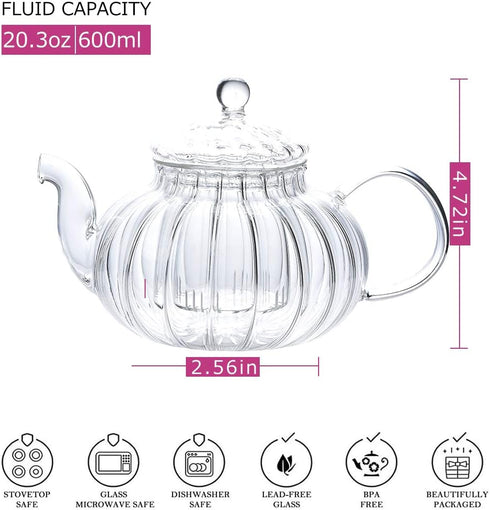 IwaiLoft NEW Glass Teapot with Infuser, Stovetop Safe Tea Kettle, 20OZ Blooming Tea Maker, Pumpkin