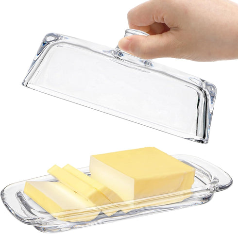 Set 2 2-Piece Hedume of Glass Butter Dish with Handled Lid, Classic Clear Design Butter Keeper, Food Safe