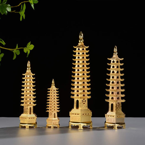 BRABUD 7'' Alloy Fengshui 9 Level Pagoda Wenchang Tower Statue, Protection Business Rises Desk Decor, Golden Color