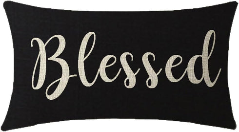 Nice Gift Inspirational Blessed Letters Waist Lumbar Black Cotton Linen Throw Pillow Case for Home Decor